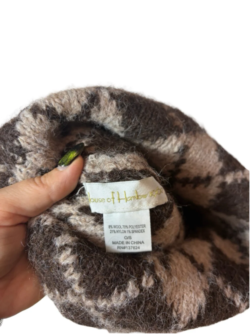 House of Harlow 1960 Argyle Knit Cuffed Beanie Hat Brown Wool Blend O/S